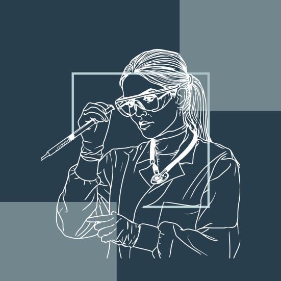 Grafik af kvindelig forsker med sprøjte og beskyttelsesbriller