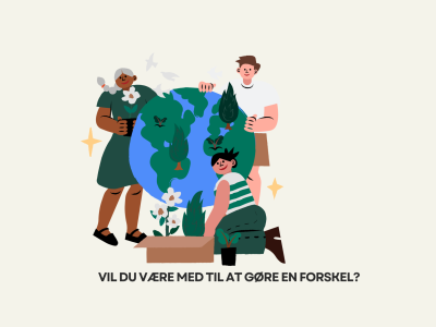 tegnet billede med tre mennesker der står med potteplanter omkring en miniature-udgave af vores planet