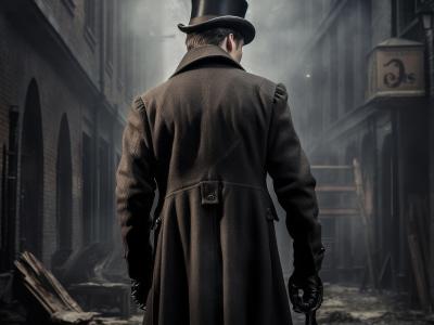 Et AI-genereret billede af en victoriansk herre står med ryggen til i en skummel gyde