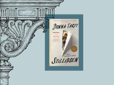 Forside på bogen ‘Stillidsen’ af Donna Tartt, vist på en lys baggrund med illustrationer af en renæssancesølje som symbol på kunsten.