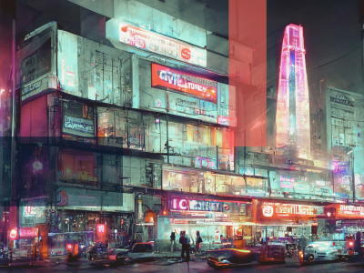 dystopisk fremtidsby med neonlys