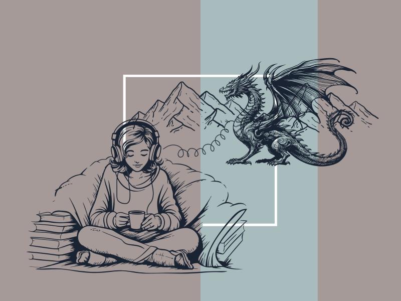 pige, der lytter lydbog, og en ledning, der leder fra hørebøfferne til en stor drage