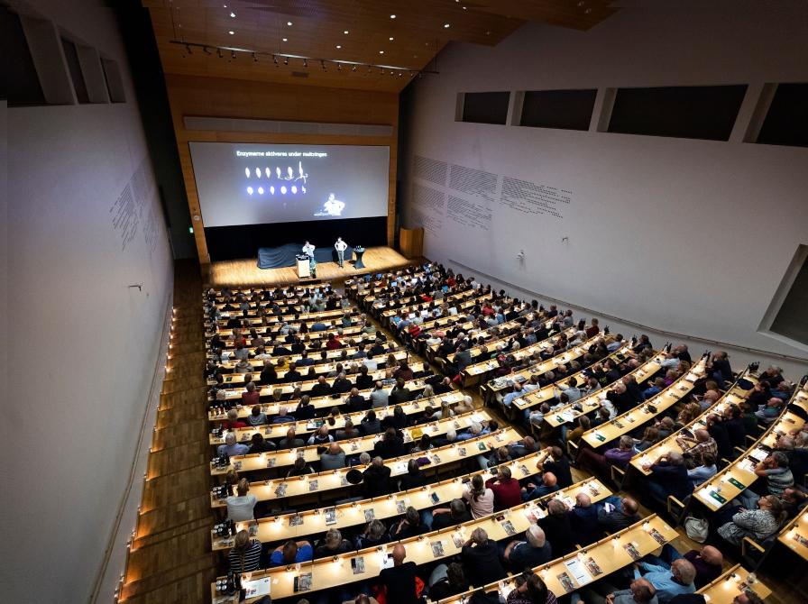 Foredrag i auditorium fyldt med tilhørere